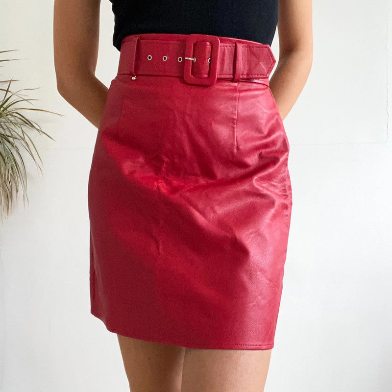 Red vegan leather skirt