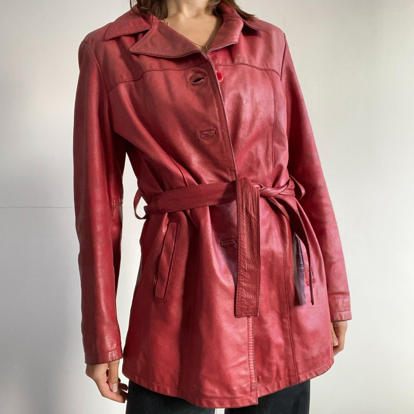 Red leather mid-length jacket