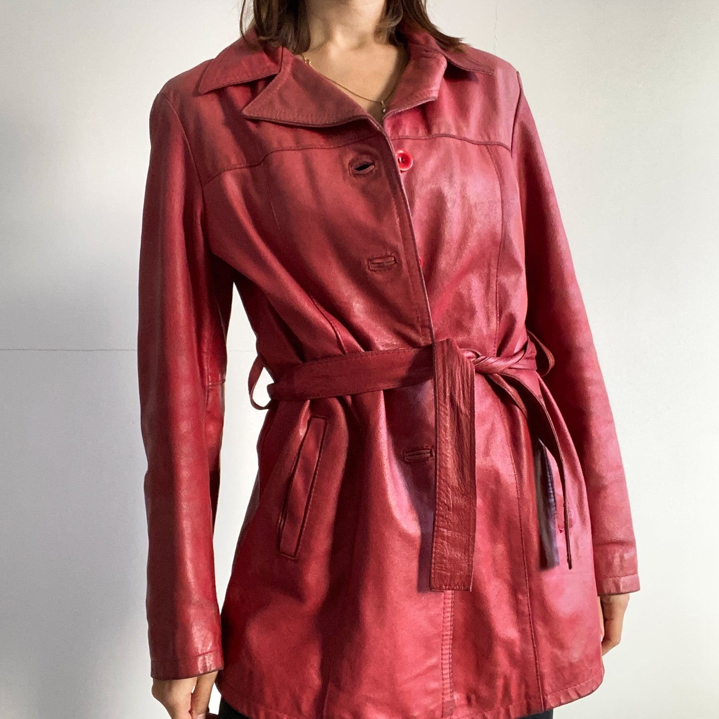 Red leather mid-length jacket