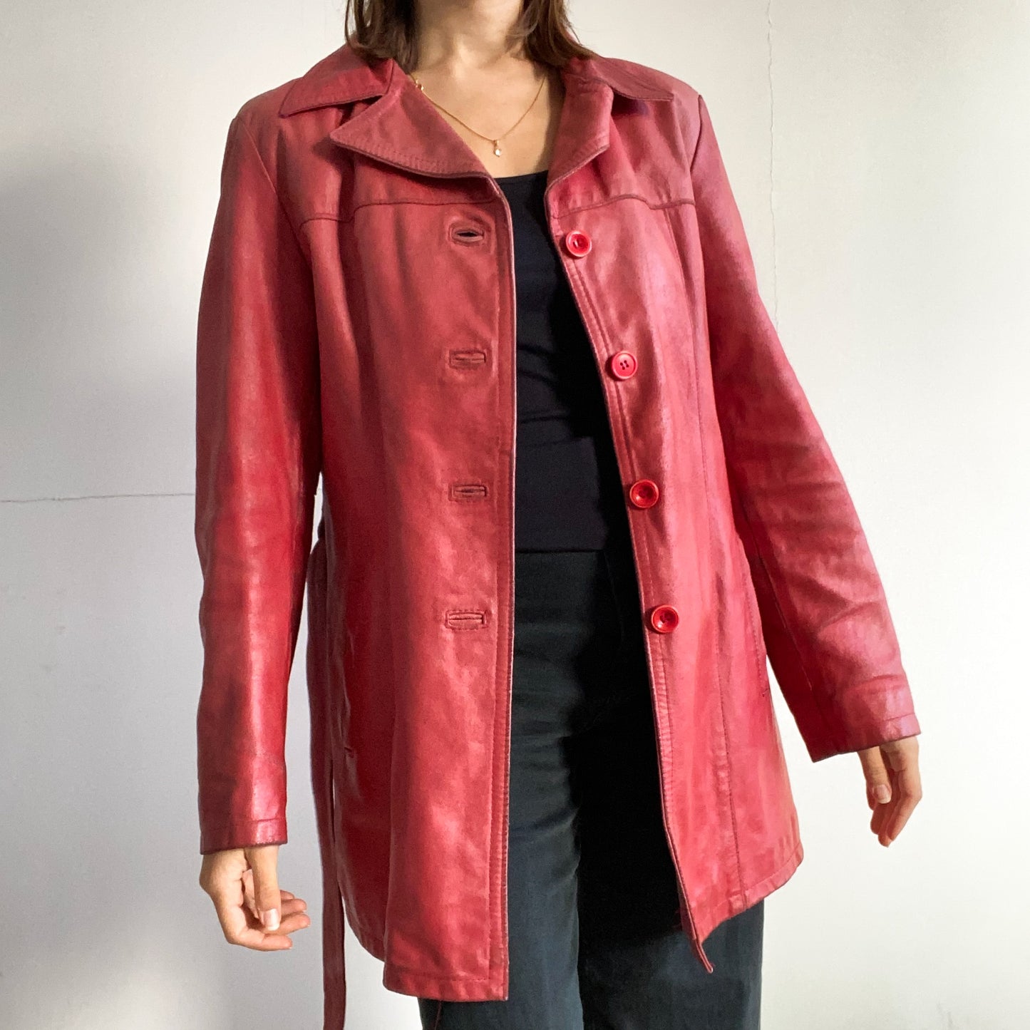 Red leather mid-length jacket