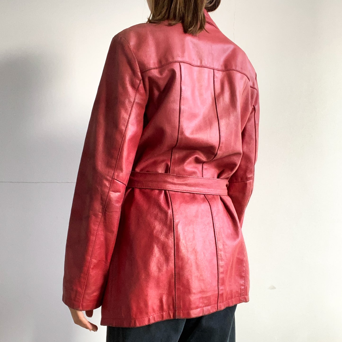 Red leather mid-length jacket