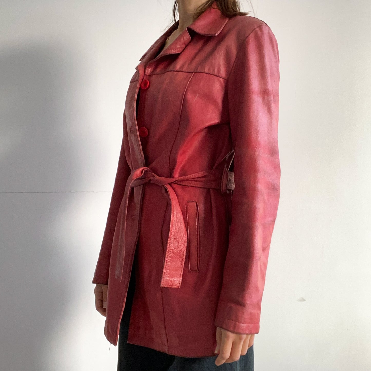 Red leather mid-length jacket