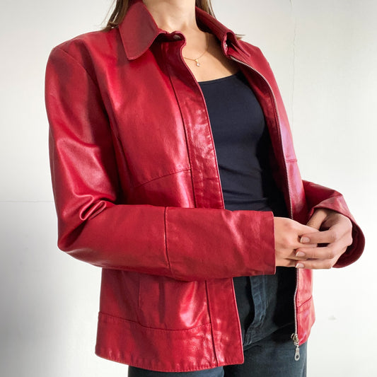 Red leather jacket with zipper