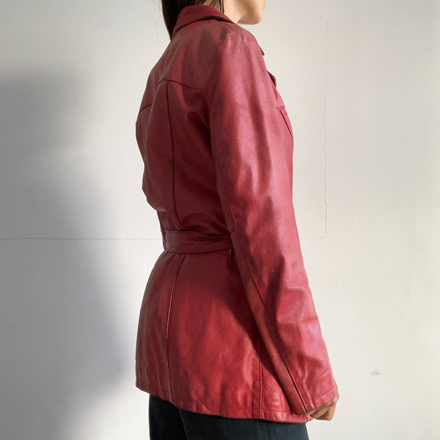 Red leather mid-length jacket