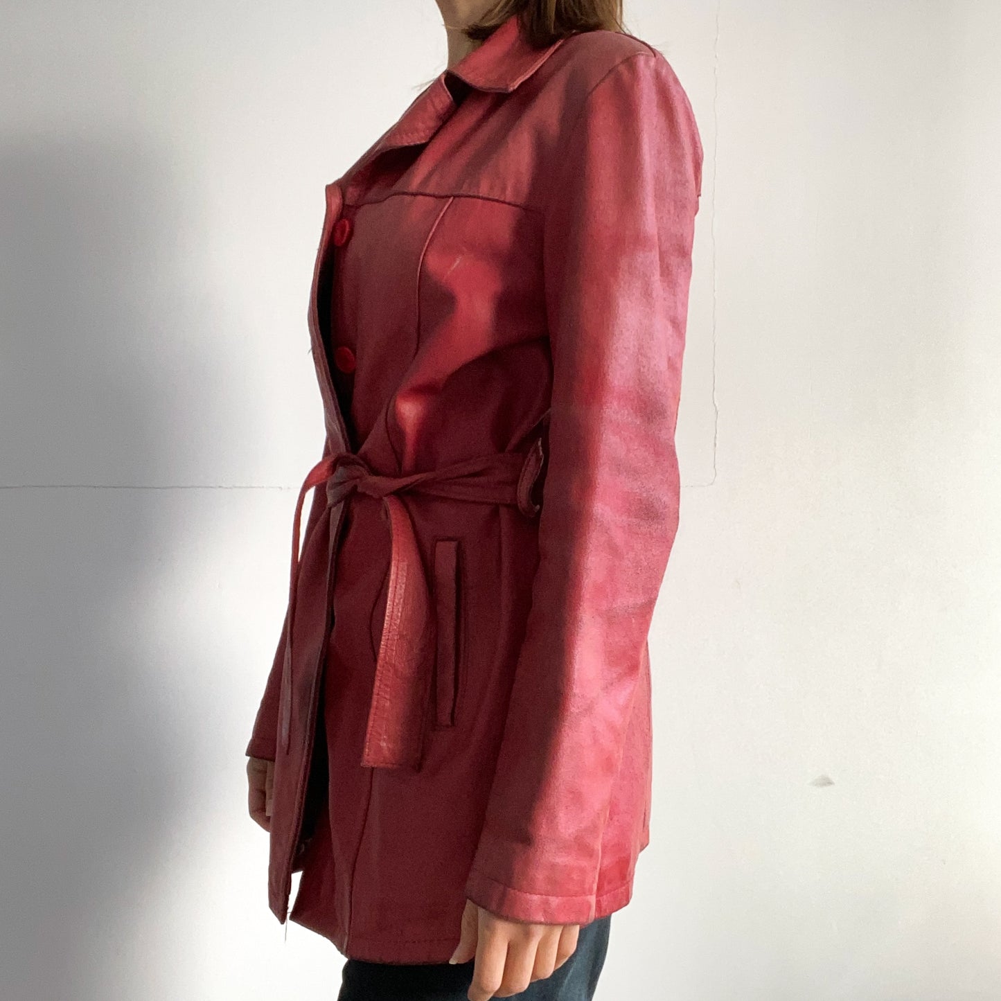 Red leather mid-length jacket