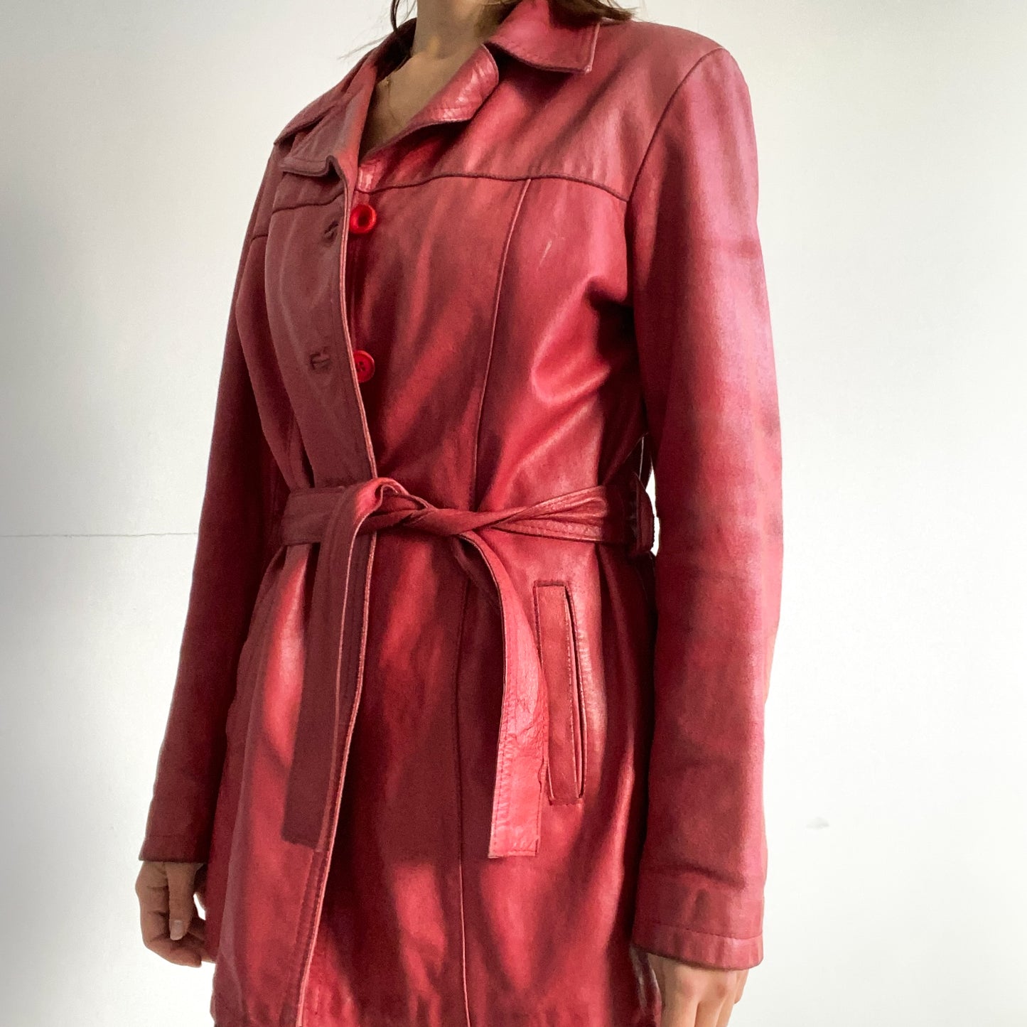 Red leather mid-length jacket